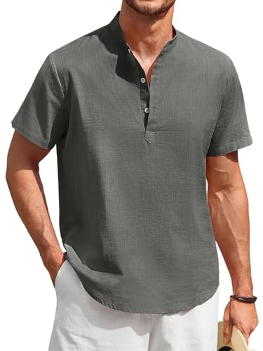 Enlision Hemd Herren Kurzarm Grau Baumwolle Leinenhemd Sommerherren Freizeithemden Henley Shirt Leichtes Ohne Kragen Linen Hemden Regular Fit M von Enlision