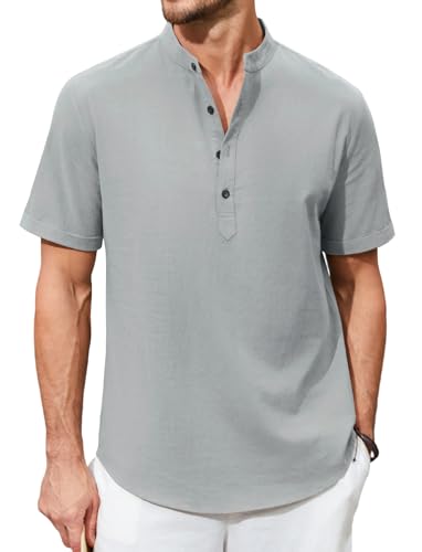 Enlision Hemd Herren Kurzarm Grau Leinenhemd Stehkragen Hemd Ohne Kragen Herren Sommerhemden Freizeithemden Henley Shirt Regular Fit XL von Enlision