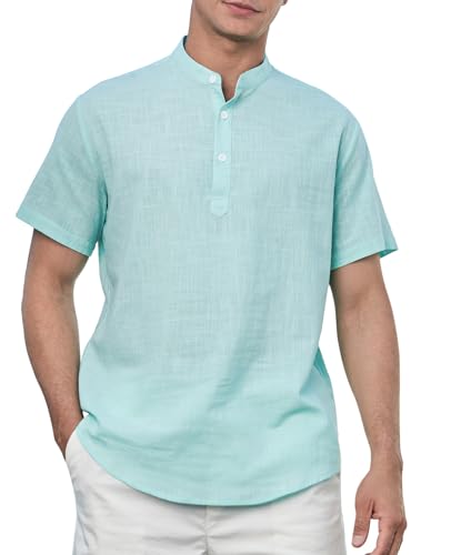 Enlision Hemd Herren Kurzarm Leinenhemd Hemden Leichtes Sommerhemd Herren Sommer Henley Shirt Aqua Freizeithemden Männer für Strand Regular Fit 2XL von Enlision