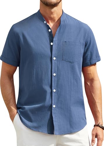 Enlision Hemd Herren Kurzarm Smog Blau Leinenhemd Sommerhemd Männer Regular Fit Freizeithemden für Herren Kragenloses Henley Shirt für Hochzeit Strandhemd S von Enlision
