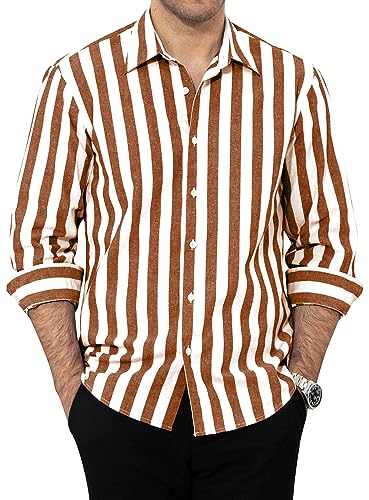 Enlision Hemd Herren Langarm Gestreiftes Business Freizeit Herrenhemden Regular Fit Semi Formales Hemden Gestreift Shirt für Männer,Braun gestreift,L von Enlision