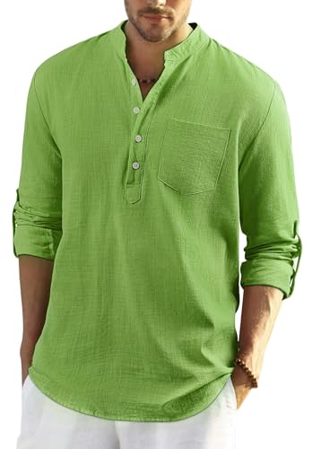 Enlision Hemd Herren Langarm Grün Henley Sommerhemd Herren Freizeithemd Leinenhemd Regular Fit Men Shirts mit Brusttasche L von Enlision