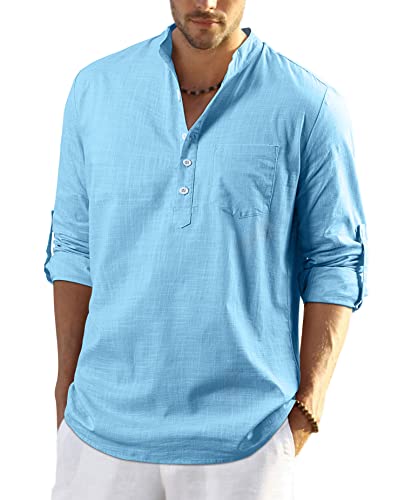 Enlision Hemd Herren Langarm Himmelblau Henley Sommerhemd Herren Freizeithemd Leinenhemd Regular Fit Men Shirts mit Brusttasche 2XL von Enlision