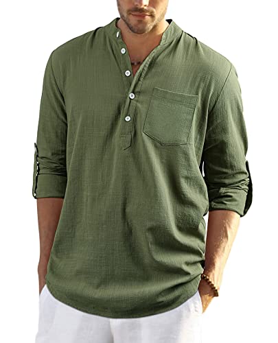 Enlision Hemd Herren Leinenhemd Herren Freizeithemd Henley Langarm Armeegrün Regular Fit Kragenloses Shirt 5XL von Enlision