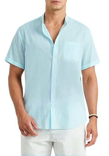 Enlision Hemden Herren Kurzarm Leinenhemd Aqua Herren Sommerhemd Freizeithemden Herren Ohne Kragen Henley Shirt Regular Fit 3XL von Enlision