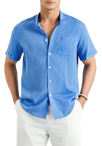 Enlision Hemden Herren Kurzarm Leinenhemd Königsblau Herren Sommerhemd Freizeithemden Herren Ohne Kragen Henley Shirt Regular Fit L von Enlision