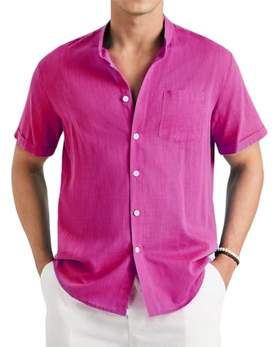 Enlision Hemden Herren Kurzarm Leinenhemd Pink Herren Sommerhemd Freizeithemden Herren Ohne Kragen Henley Shirt Regular Fit 2XL von Enlision