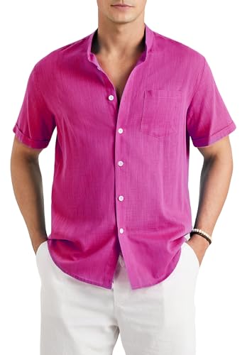Enlision Hemden Herren Kurzarm Leinenhemd Pink Herren Sommerhemd Freizeithemden Herren Ohne Kragen Henley Shirt Regular Fit 3XL von Enlision