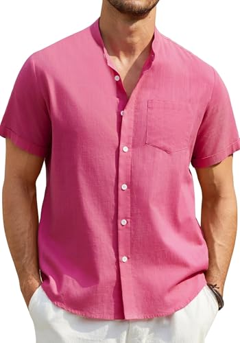 Enlision Hemden Herren Kurzarm Leinenhemd Fuchsia Pink Herren Sommerhemd Freizeithemden für Männer Ohne Kragen Henley Shirt Große Größen 3XL von Enlision