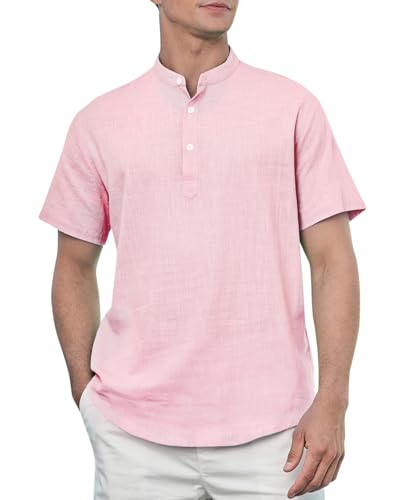 Enlision Hemden Herren Kurzarm Rosa Leinenhemd Hemd Ohne Kragen Leichtes Sommerhemd Herren Freizeithemden für Männer Henley Shirt Regular Fit 2XL von Enlision