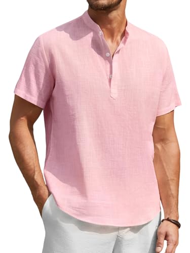 Enlision Hemden Herren Kurzarm Rosa Leinenhemd Hemd Ohne Kragen Leichtes Sommerhemd Herren Freizeithemden für Männer Henley Shirt Regular Fit XL von Enlision