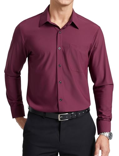 Enlision Hemden Herren Langarm Stretch Regular Fit Hemd Bügelfrei Business Hochzeit Büro formelle Hemden mit Tasche Burgund, 3XL von Enlision