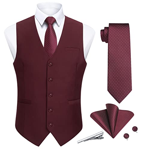 Enlision Herren Anzugweste Rote Formale Hochzeit Weste Krawatte Einstecktuch Set Elegant Anzug Westen für Westen Business Party 3XL von Enlision