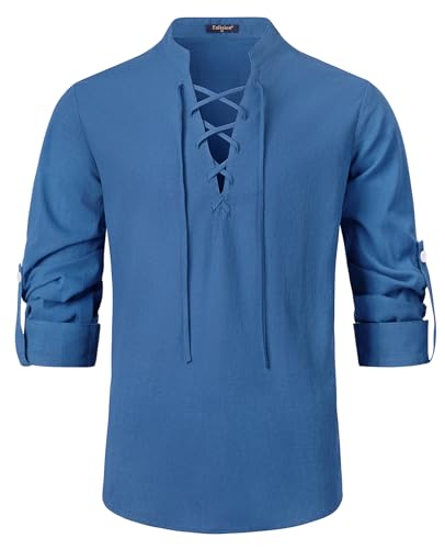 Enlision Herren Baumwoll Leinenhemd Langarm Schnürhemd Mittelalter Kostüm Lässig Schottisch Ghillie Hemd für Halloween Cosplay Wikinger Pirat Blau 3XL von Enlision