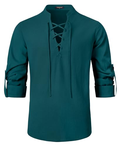 Enlision Herren Baumwoll Leinenhemd Langarm Schnürhemd Mittelalter Kostüm Lässig Schottisch Ghillie Hemd für Halloween Cosplay Wikinger Pirat Blaugrün 3XL von Enlision