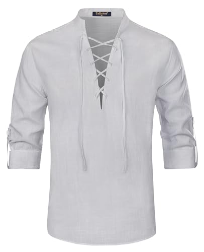 Enlision Herren Baumwoll Leinenhemden Schnürhemd Mittelalter Vintage Kostüm Langarm Klassisches Schottisches Jakobiten Ghillie Kilt Hemd Hellgrau M von Enlision