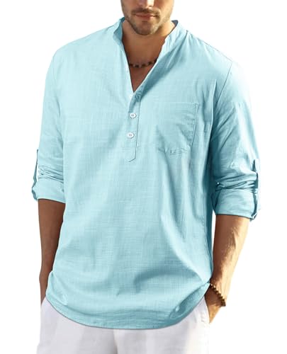 Enlision Herren Baumwolle Leinenhemd Leichtes Blau Sommerhemd Langarm Kragenloses Hemd für Hawaii Hochzeit am Meer 2XL von Enlision