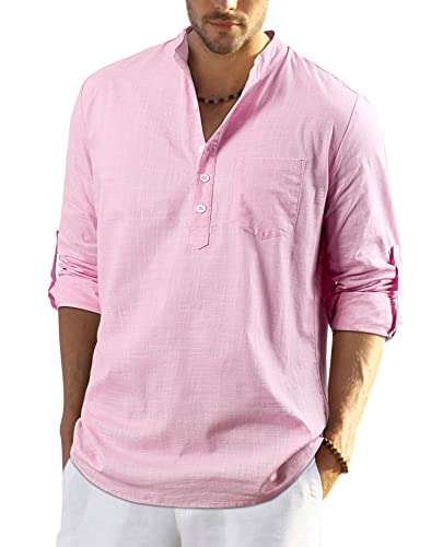 Enlision Herren Baumwolle Leinenhemd Leichtes Rosa Sommerhemd Langarm Kragenloses Hemd für Hawaii Hochzeit am Meer L von Enlision