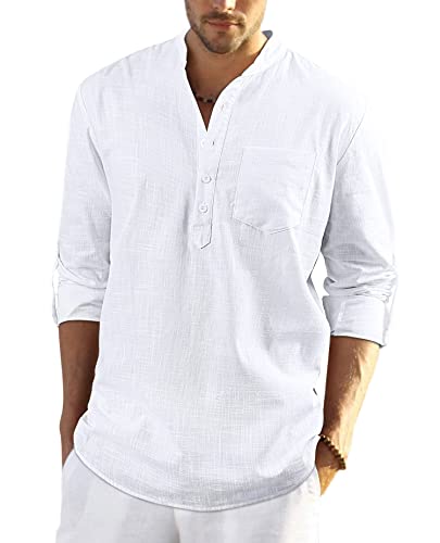 Enlision Weiß Leinenhemd Herren Hemd Langarm Sommerhemd Herren Regular Fit Freizeithemd mit Brusttasche Henley Shirt 2XL von Enlision