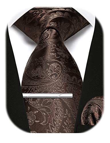 Enlision Herren Braun Paisley Krawatte und Einstecktuch mit Krawattenklammer Set Business Hochzeit für Herren Krawatte & Einstecktuch & Krawattennadel Sets,Braun von Enlision