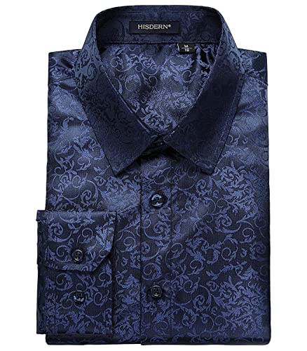 Enlision Herren Hemden Langarm Navy blau Satin Casual Hemden Blumen Muster Seide Freizeithemd Regular Fit Hemden Button Down Freizeithemden für Herren von Enlision