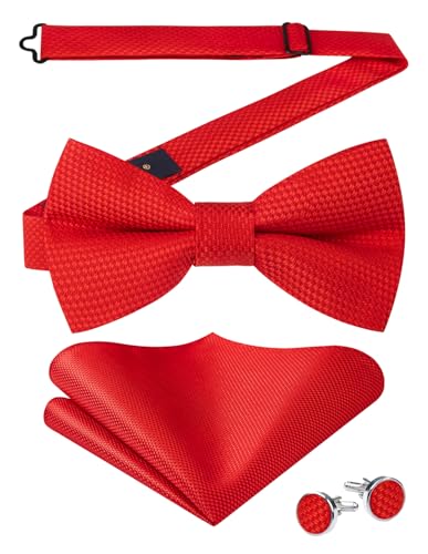 Enlision Rote Fliege Herren Einfarbig Fliegen und Einstecktuch mit Manschettenknöpfe Set Vorgebundene Fliegen für Smoking Hochzeit von Enlision