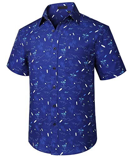 Enlision Herren Hawaiihemd Kurzarm Marineblaue Surfen Bügelfrei Button Down Sommer Hemd Beach Freizeit Urlaub Fronttasche Strand Hemd Aloha Palmen L von Enlision