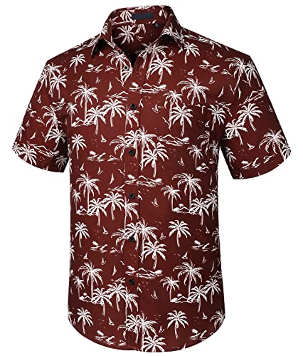 Enlision Herren Funky Hawaiian Shirts Kurzarm Casual Button Down Fronttasche Sommer Aloha Party Shirt Strand Palme Urlaub Surf Print Burgund Hawaii Shirt Unisex L von Enlision