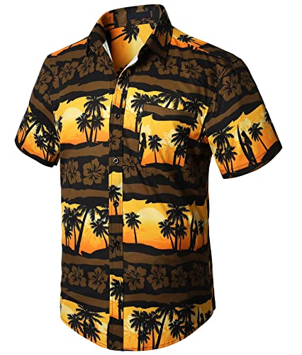 Enlision Herren Funky Hawaiihemd Kurzarm Freizeit Hawaii Hemd Print Ananas Palmen Blumen Lässig Unisex Hawaii-Shirt mit Fronttasche,Gelb/Braun von Enlision