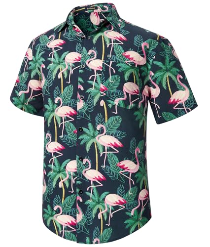 Enlision Herren Funky Hawaiihemd Männer Blumenblatt Flamingo Hemden Kurzarm Vordertasche Urlaub Sommer Aloha Bedruckter Strand Lässig Bügelfrei Hawaii Blumenhemd XXL von Enlision