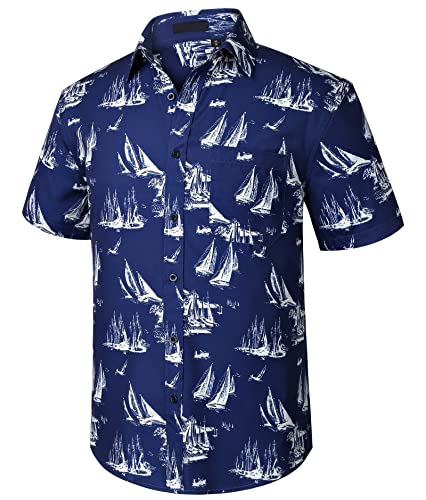 Enlision Herren Funky Hawaiihemden Kurzarm Lässig Button-Down Fronttasche Sommer Aloha Partyhemd Strand Palme Urlaub Brandung Print Marineblau Hawaiihemd für Party Urlaub Unisex L von Enlision