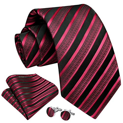 Enlision Herren Gestreifte Krawatte Taschentuch Hochzeit Formell Business Krawatten und Einstecktuch Manschettenknöpfe Set Burgund/Schwarz von Enlision