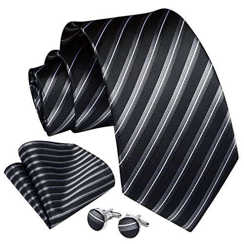 Enlision Herren Gestreifte Krawatte Taschentuch Hochzeit Formell Business Krawatten und Einstecktuch Manschettenknöpfe Set Schwarz/Weiß 2 von Enlision