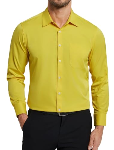 Enlision Herren Hemd Bügelfrei Stretch Hemden Männer Langarm Business Büro Hochzeit Gelb Freizeithemden Regular Fit mit Tasche 4XL von Enlision