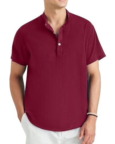 Enlision Herren Hemd Kurzarm Bordeaux Baumwolle Leinenhemd Leichtes Sommerhemd Ohne Kragen Freizeithemden Regular Fit Henley Shirt für Hochzeit 2XL von Enlision