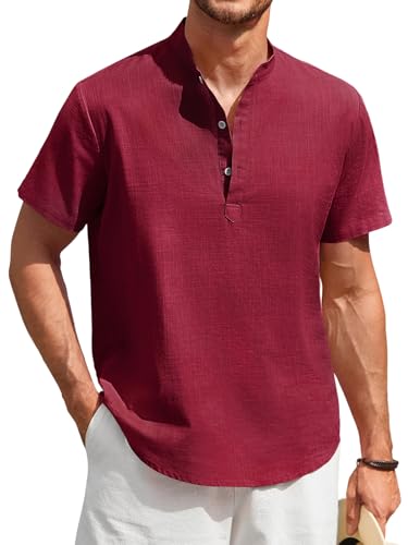 Enlision Herren Hemd Kurzarm Bordeaux Baumwolle Leinenhemd Leichtes Sommerhemd Ohne Kragen Freizeithemden Regular Fit Henley Shirt für Hochzeit 4XL von Enlision