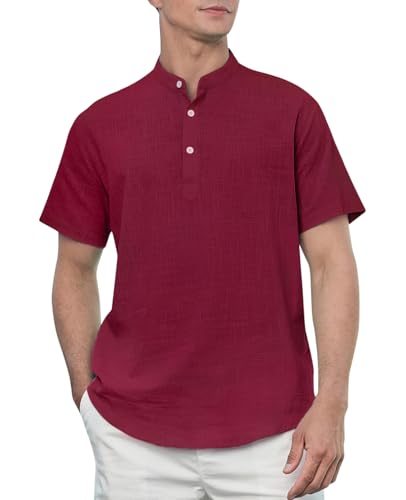 Enlision Herren Hemd Kurzarm Bordeaux Baumwolle Leinenhemd Leichtes Sommerhemd Ohne Kragen Freizeithemden Regular Fit Henley Shirt für Hochzeit M von Enlision