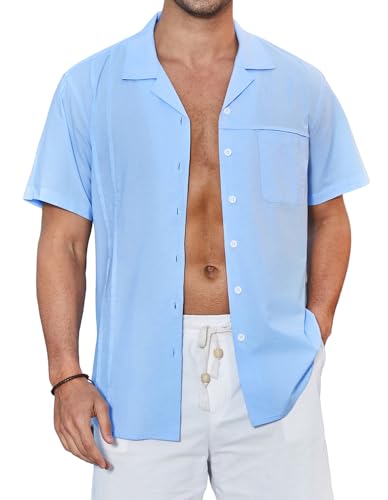 Enlision Herren Hemd Kurzarm Leichtes Sommer Strandhemd Blau Freizeithemd mit Tasche Regular Fit 3XL von Enlision