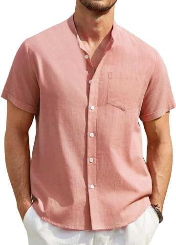 Enlision Herren Hemd Kurzarm Rosa Sommer Baumwolle Leinenhemd Freizeithemden für Männer Kragenloses Button Down Musselin Hemd Herren Oversized mit Brusttasche L von Enlision