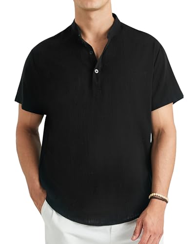 Enlision Herren Hemd Kurzarm Schwarz Baumwolle Leinenhemd Leichtes Sommerhemd Ohne Kragen Freizeithemden für Herren Henley Shirt Regular Fit L von Enlision