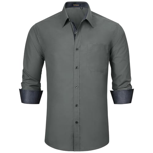 Enlision Herren Hemd Langarm Baumwolle Businesshemden Freizeithemd für Herren mit Tasche Kentkragen Anzughemden Männer Grau Button Down für Formelle Hochzeit 3XL von Enlision