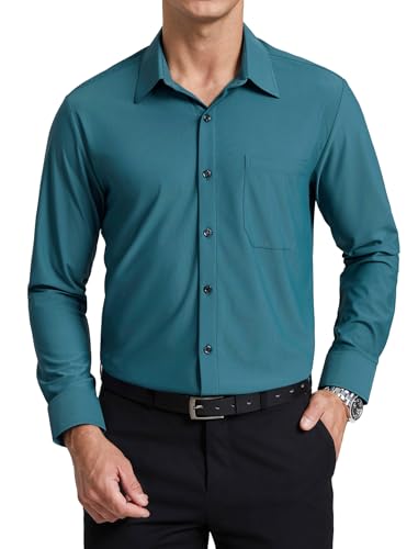 Enlision Herren Hemd Langarm Blaugrün Stretch Bügelfreies Businesshemden Regular Fit Unifarben Freizeithemden Hochzeit Anzug Hemd, S von Enlision