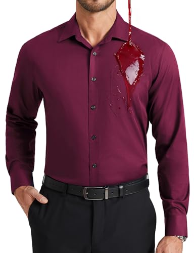 Enlision Herren Hemd Langarm Fleckenschutz Stretch Bügelleichtes Business Hemden Herren Regular Fit Oberhemd Freizeithemd mit Tasche Burgunderrot, XL von Enlision