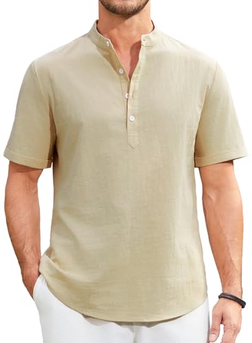 Enlision Sommerhemden Herren Kurzarm Khaki Leinenhemd Herren Ohne Kragen Hemd Freizeithemden für Männer Strandhemd Henley Shirt Regular Fit 4XL von Enlision