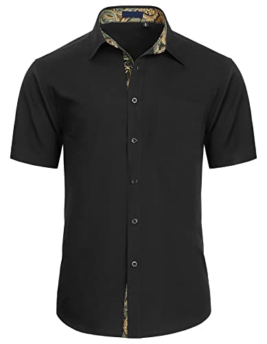 Enlision Herren Schwarz Hemd Kurzarm Freizeithemd Herrenhemden Regular Fit Hemden Männer Freizeithemden Bügelfreies Businesshemd Schwarz/Gold XL von Enlision