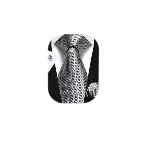 Enlision Herren Krawatte Taschentuch Hochzeit Formell Business Silber Plaid Krawatten und Einstecktuch Manschettenknöpfe Set von Enlision
