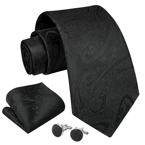 Enlision Herren Krawatten Schwarz Paisley Krawatte mit Taschentuch Formelle Krawatte Einstecktuch Manschettenknöpfe Set für Business Hochzeit von Enlision