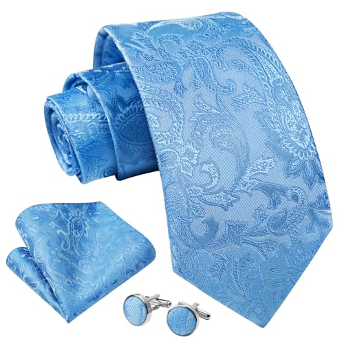 Enlision Herren Krawatten mit Taschentuch Blau Paisley Krawatte Einstecktuch Manschettenknöpfe Set Seide Formelle Krawatte für Hochzeit von Enlision