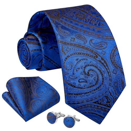 Enlision Herren Krawatten mit Taschentuch Paisley Blau Krawatte Einstecktuch Manschettenknöpfe Set Formelle Krawatte für Business Hochzeit von Enlision