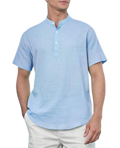 Enlision Herren Leinenhemd Himmelblau Sommerhemd Hemd Kurzarm Freizeithemden Baumwolle Hemden für Männer Ohne Kragen Henley Shirt Regular Fit 2XL von Enlision